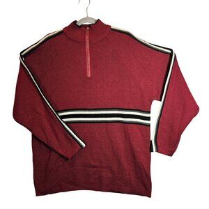 Point Zero Mens M Red 1/4 Zip Sweater Striped Detail tight knit Office hipster
